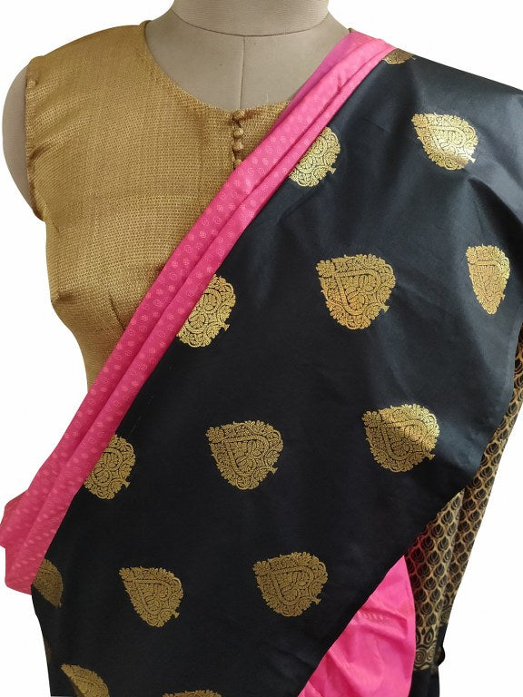 Pink Black Kanchi Silk Blend Heavy Traditional Look Sarees with Rich Zari Borders K4