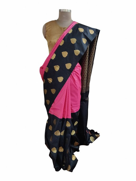 Pink Black Kanchi Silk Blend Heavy Traditional Look Sarees with Rich Zari Borders K4