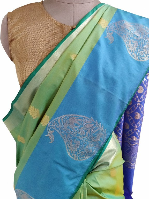 Turquoise green Kanchi Silk Blend Heavy Traditional Look Sarees with Rich Zari Borders K5