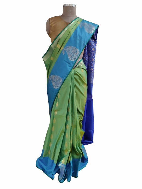 Turquoise green Kanchi Silk Blend Heavy Traditional Look Sarees with Rich Zari Borders K5