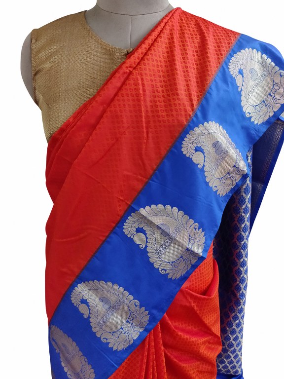 Red Blue Kanchi Silk Blend Heavy Traditional Look Sarees with Rich Zari Borders K7