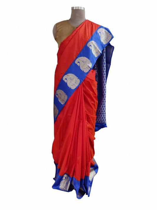 Red Blue Kanchi Silk Blend Heavy Traditional Look Sarees with Rich Zari Borders K7