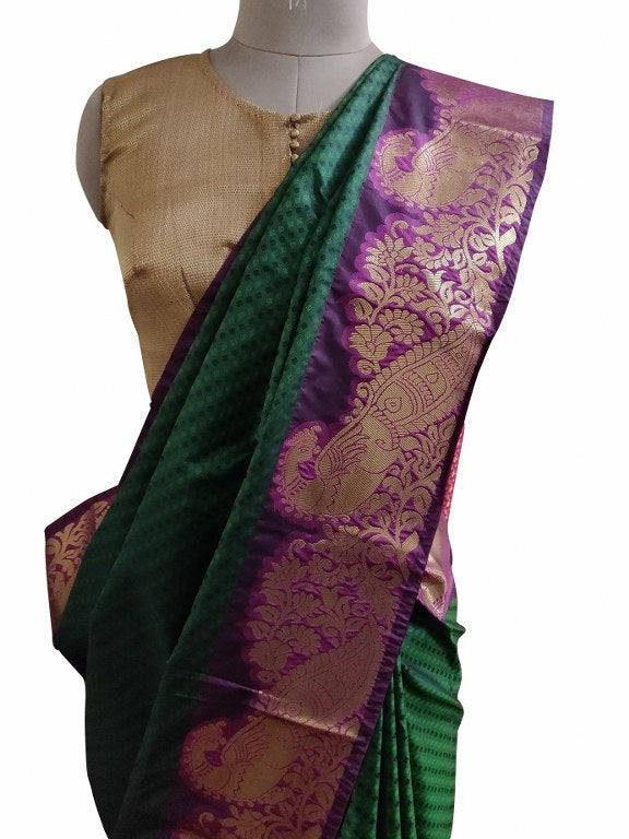 Emerald green Kanchi Silk Blend Heavy Traditional Look Sarees with Rich Zari Borders K10
