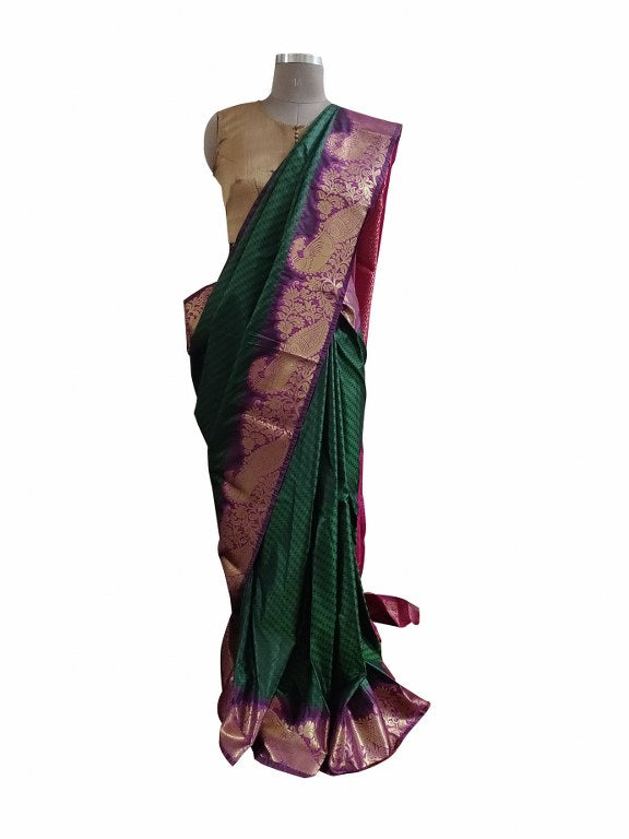 Emerald green Kanchi Silk Blend Heavy Traditional Look Sarees with Rich Zari Borders K10