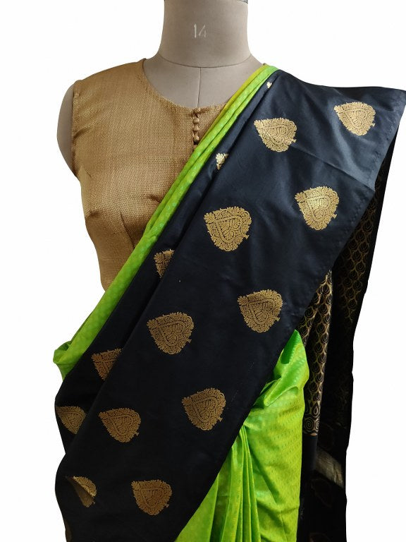 Green Black Kanchi Silk Blend Heavy Traditional Look Sarees with Rich Zari Borders K12