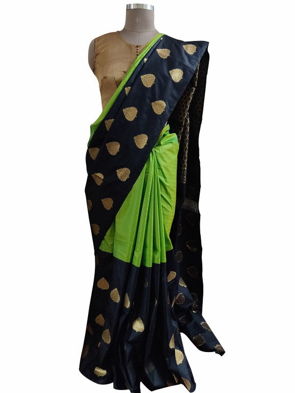Green Black Kanchi Silk Blend Heavy Traditional Look Sarees with Rich Zari Borders K12