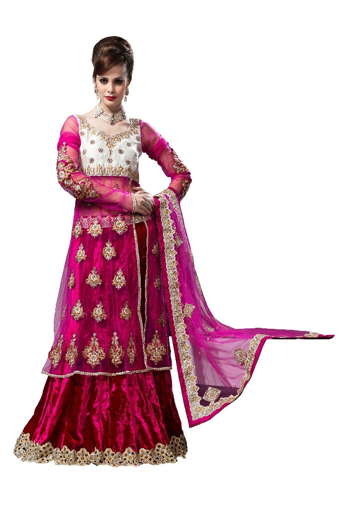 Hot Pink Velvet Net Lehenga Choli Dupatta Fabric Only LC185