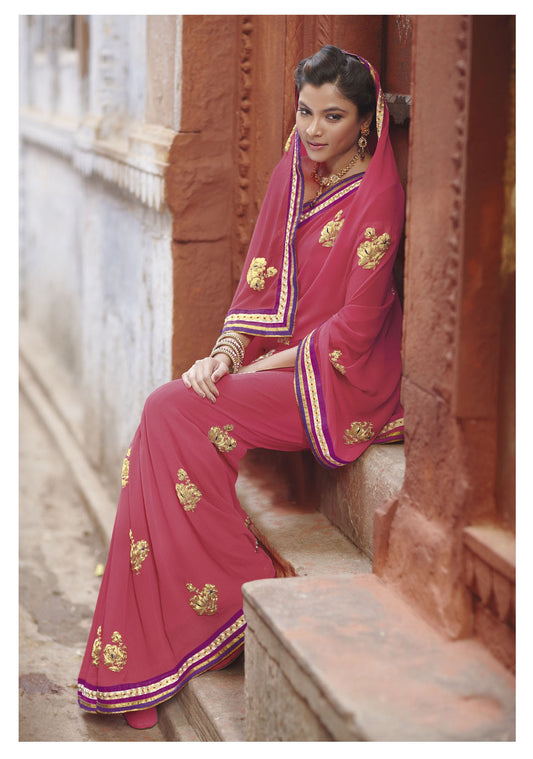 Carrot Pink Embroidered Georgette Saree LP2485