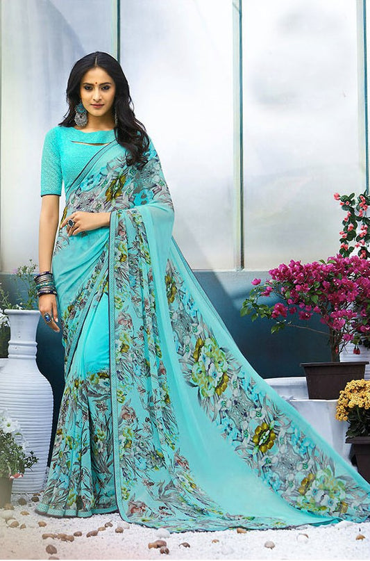 Turquoise Blue Georgette Printed Saree LP5190