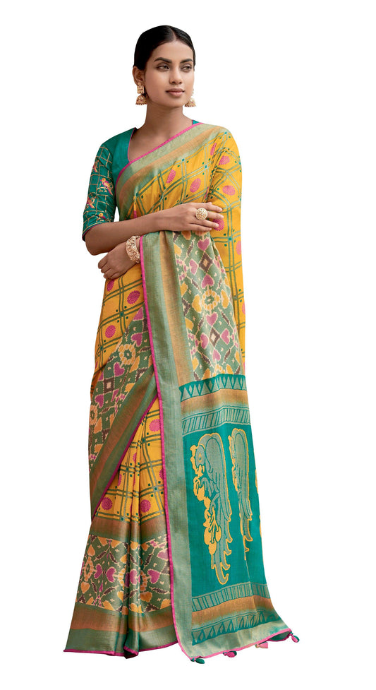 Designer Yellow Brasso Silk Printed Saree with Exclusive Embroidered Blouse M045