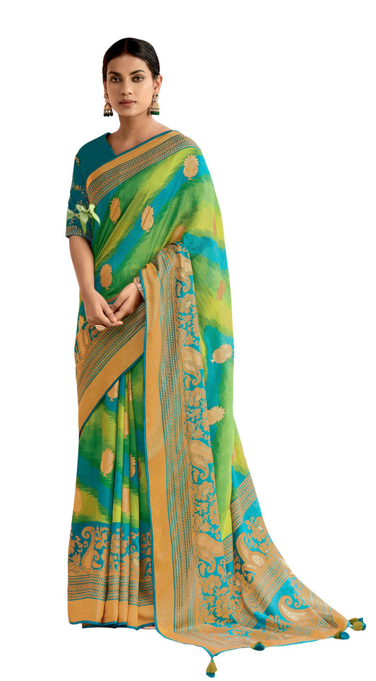 Designer Turquoise Brasso Silk Printed Saree with Exclusive Embroidered Blouse M48