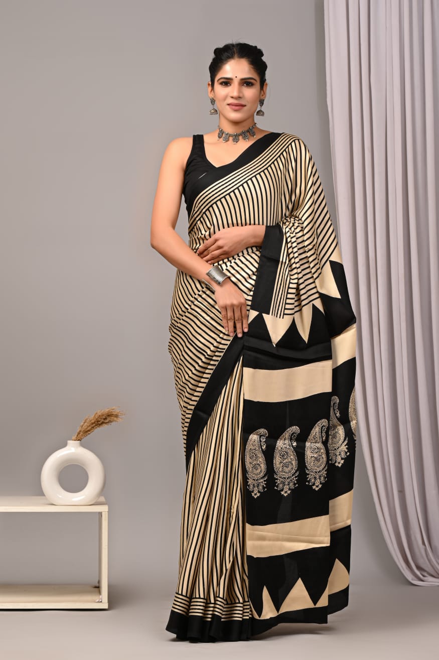 Striped Off White Black Hand Block Printed Modal Silk Saree NAM04