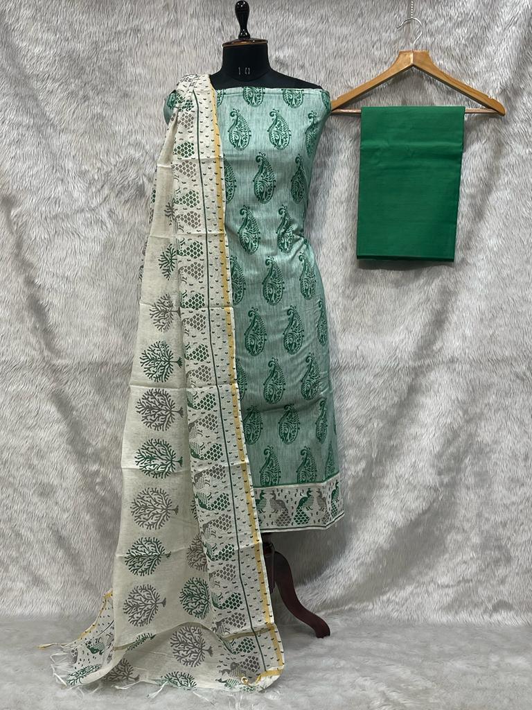 Green Maheshwari Cotton Silk Dress Material - Ethnic's By Anvi Creations