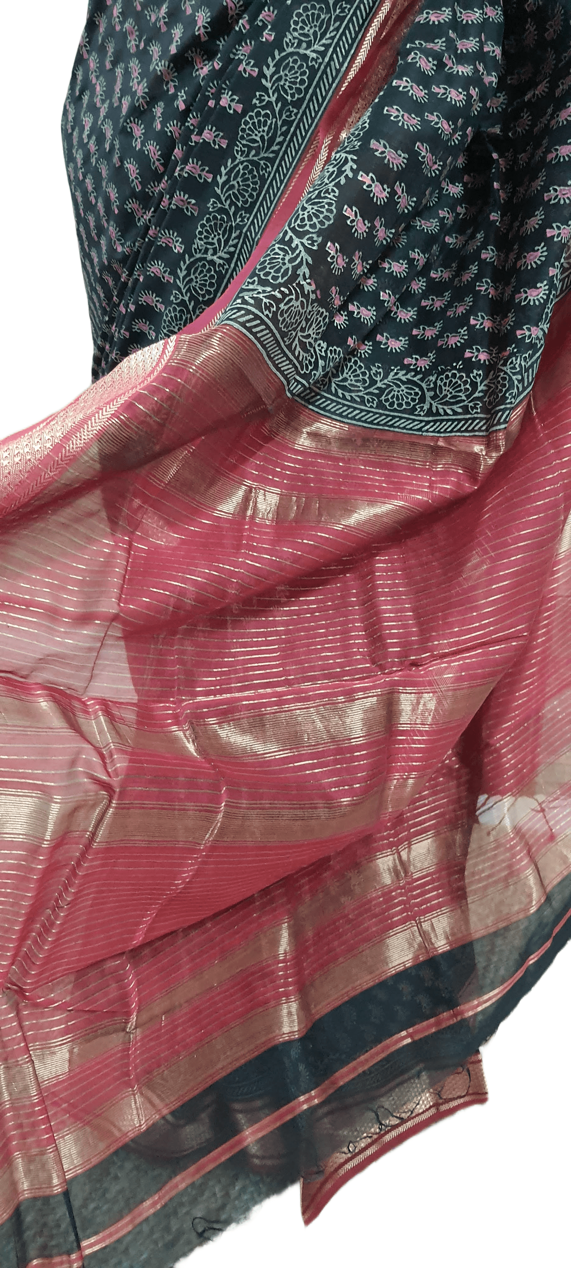 Pure Maheshwari Block Printed Cotton Silk Black Saree - Ethnic's By Anvi Creations