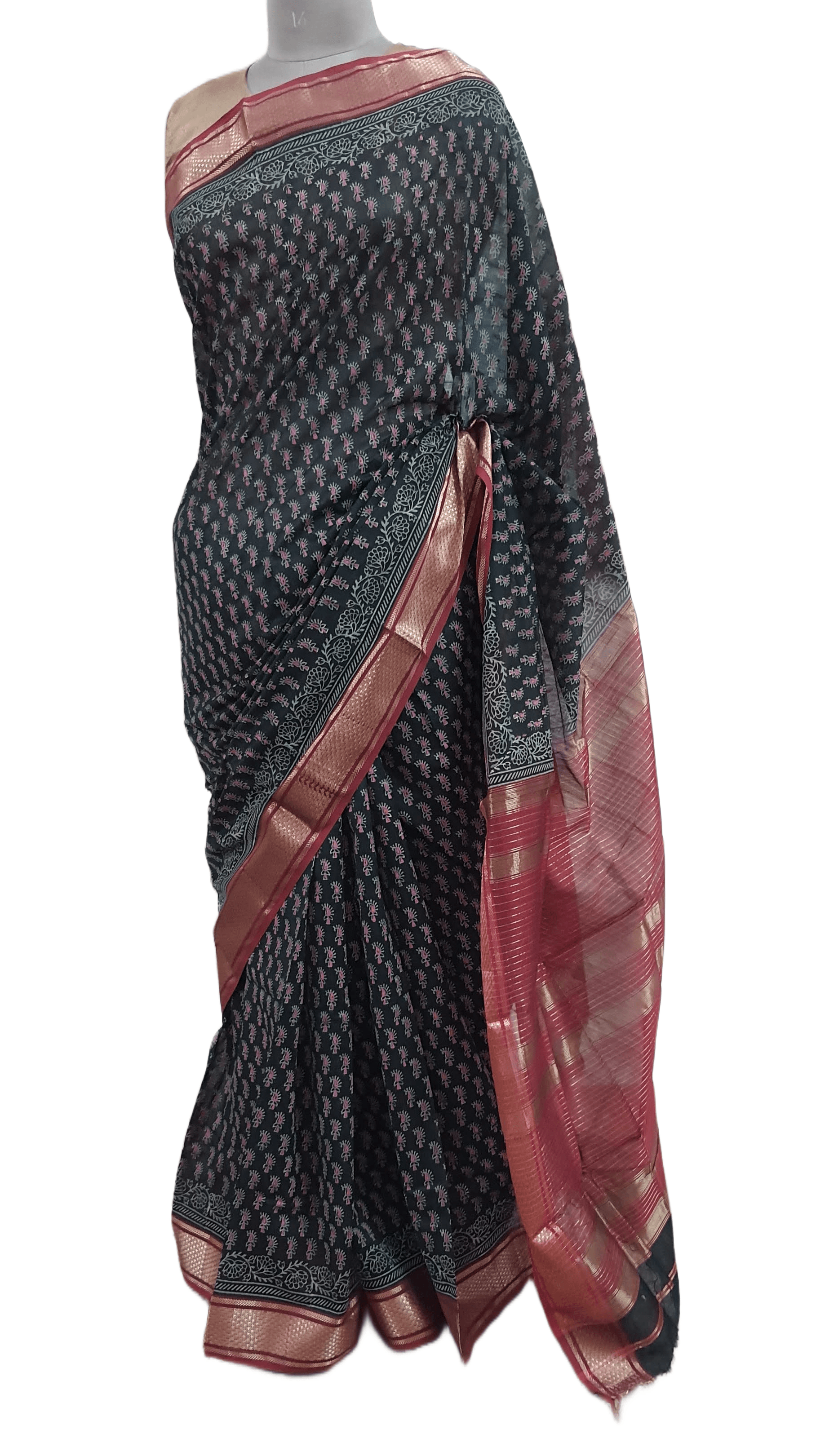 Pure Maheshwari Block Printed Cotton Silk Black Saree - Ethnic's By Anvi Creations