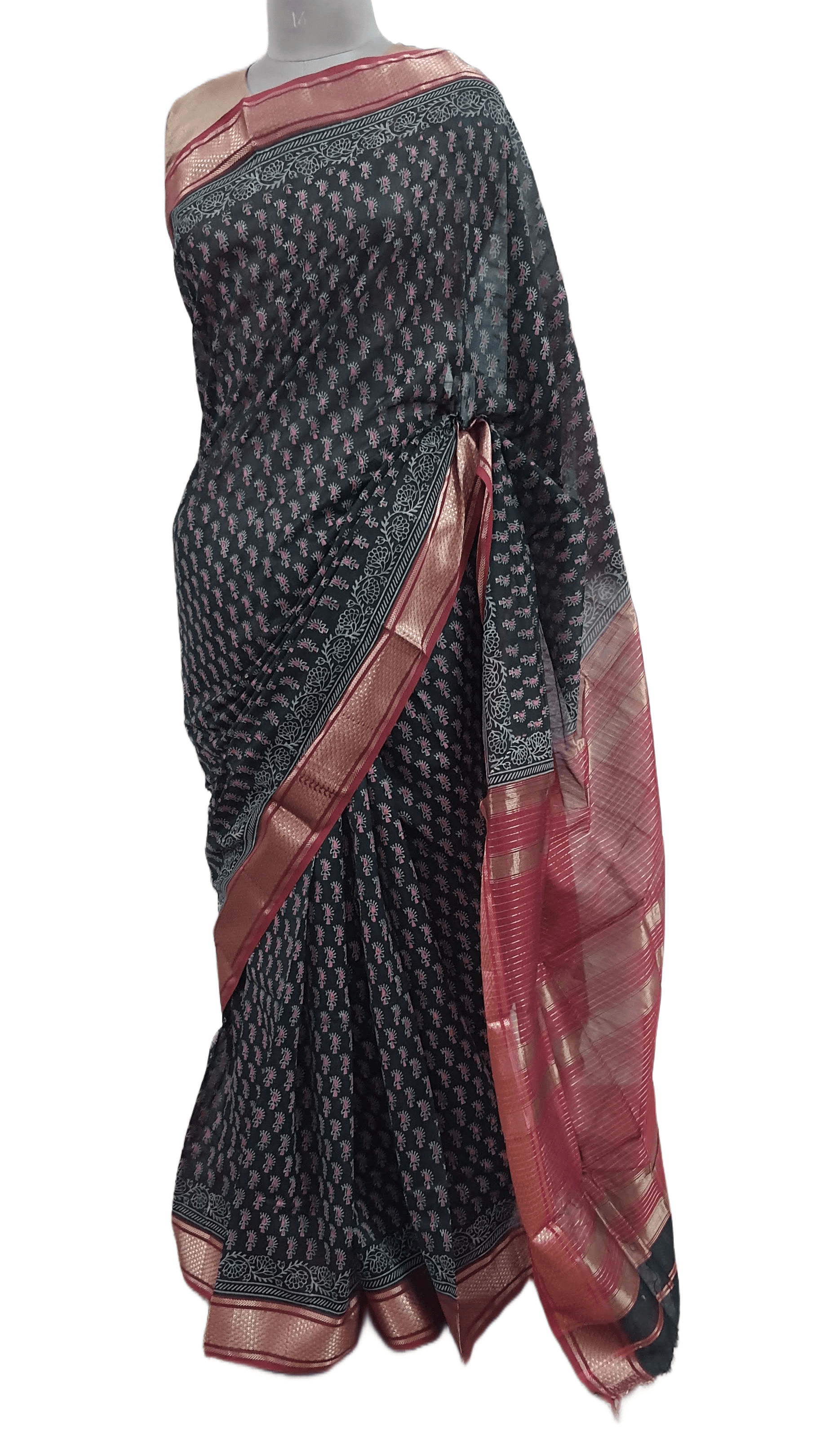 Pure Maheshwari Block Printed Cotton Silk Black Saree