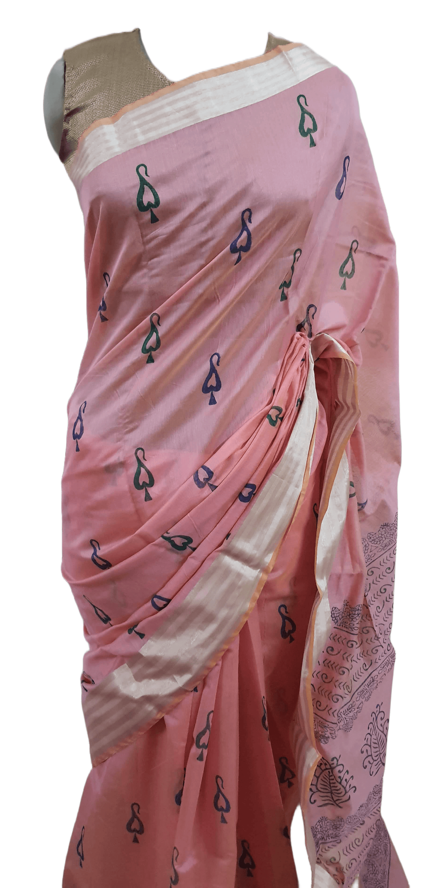 Pure Maheshwari Block Printed Cotton Silk Pink Saree - Ethnic's By Anvi Creations