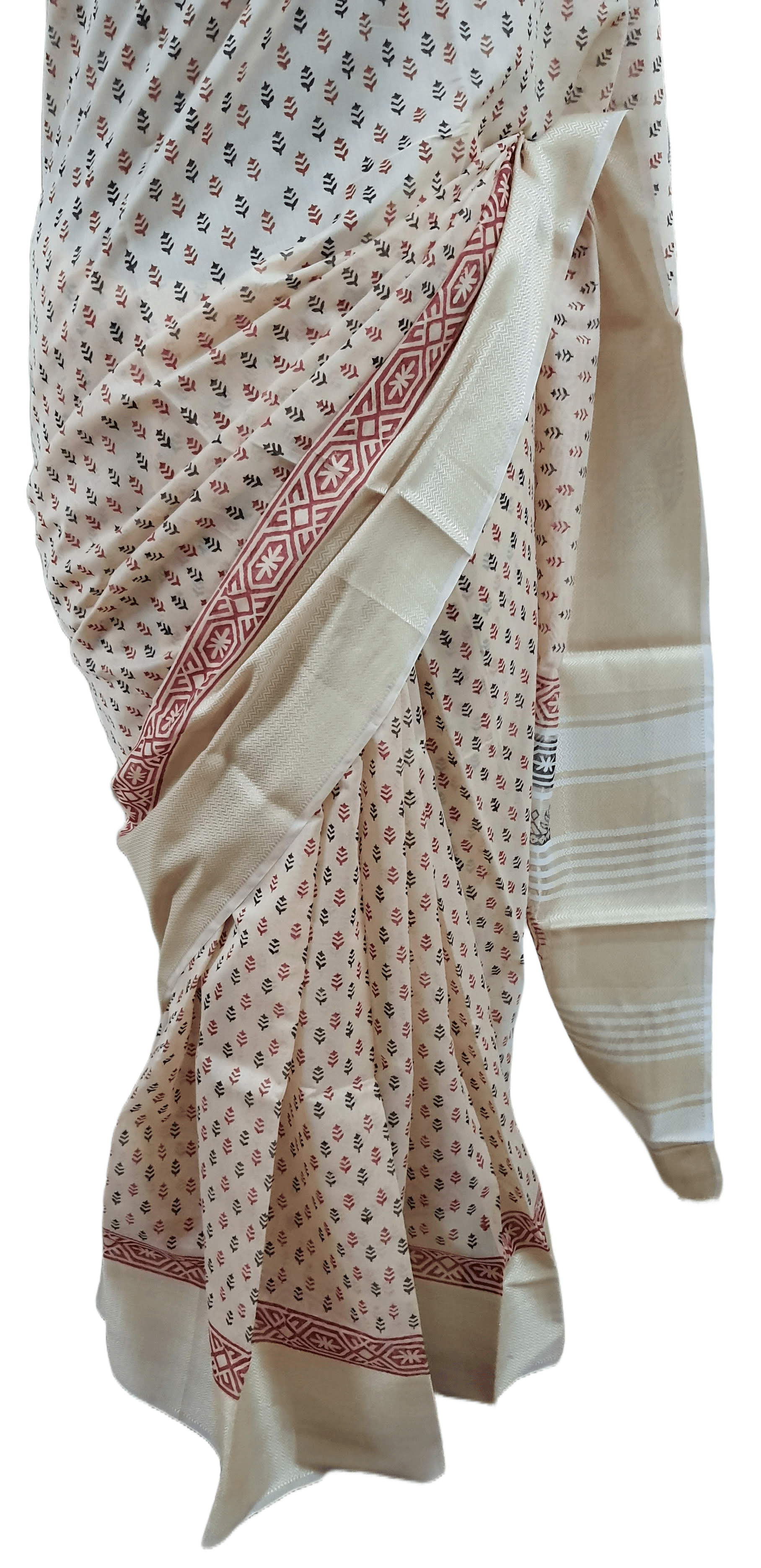 Pure Maheshwari Block Printed Cotton Silk Beige Saree - Ethnic's By Anvi Creations