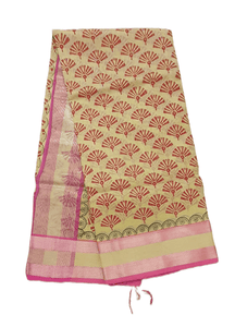 Pure Maheshwari Block Printed Cotton Silk Yellow Saree