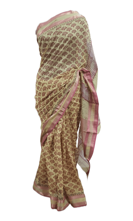 Pure Maheshwari Block Printed Cotton Silk Yellow Saree - Ethnic's By Anvi Creations