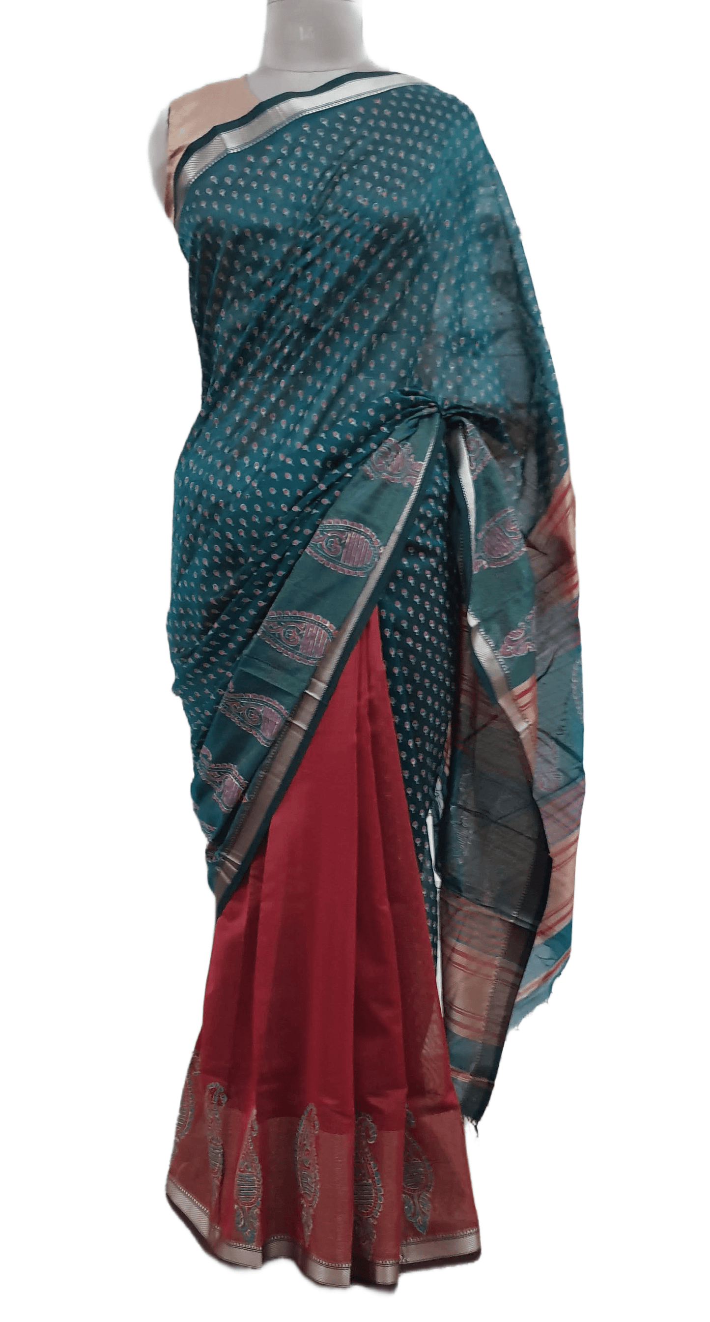 Pure Maheshwari Block Printed Cotton Silk Green Saree - Ethnic's By Anvi Creations