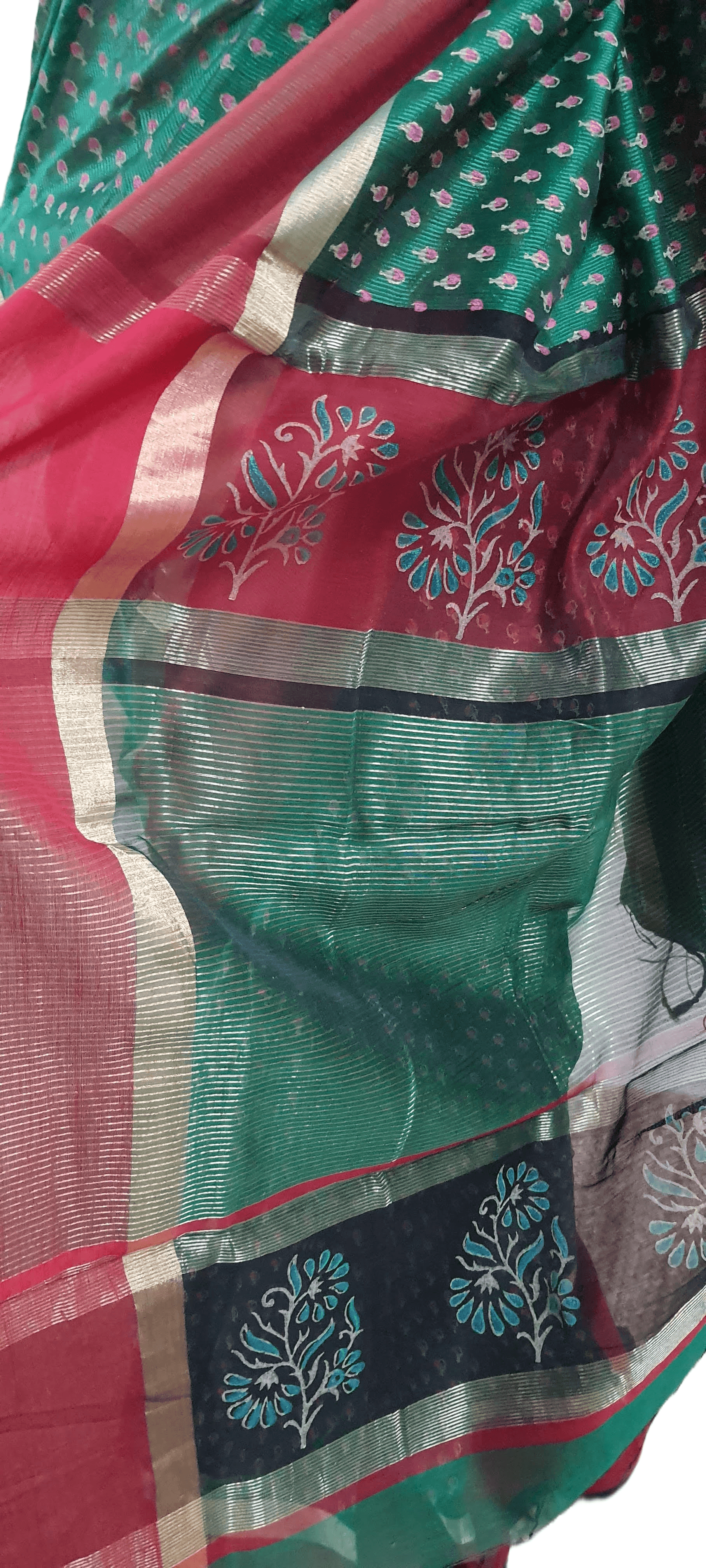 Pure Maheshwari Block Printed Cotton Silk Green Saree - Ethnic's By Anvi Creations