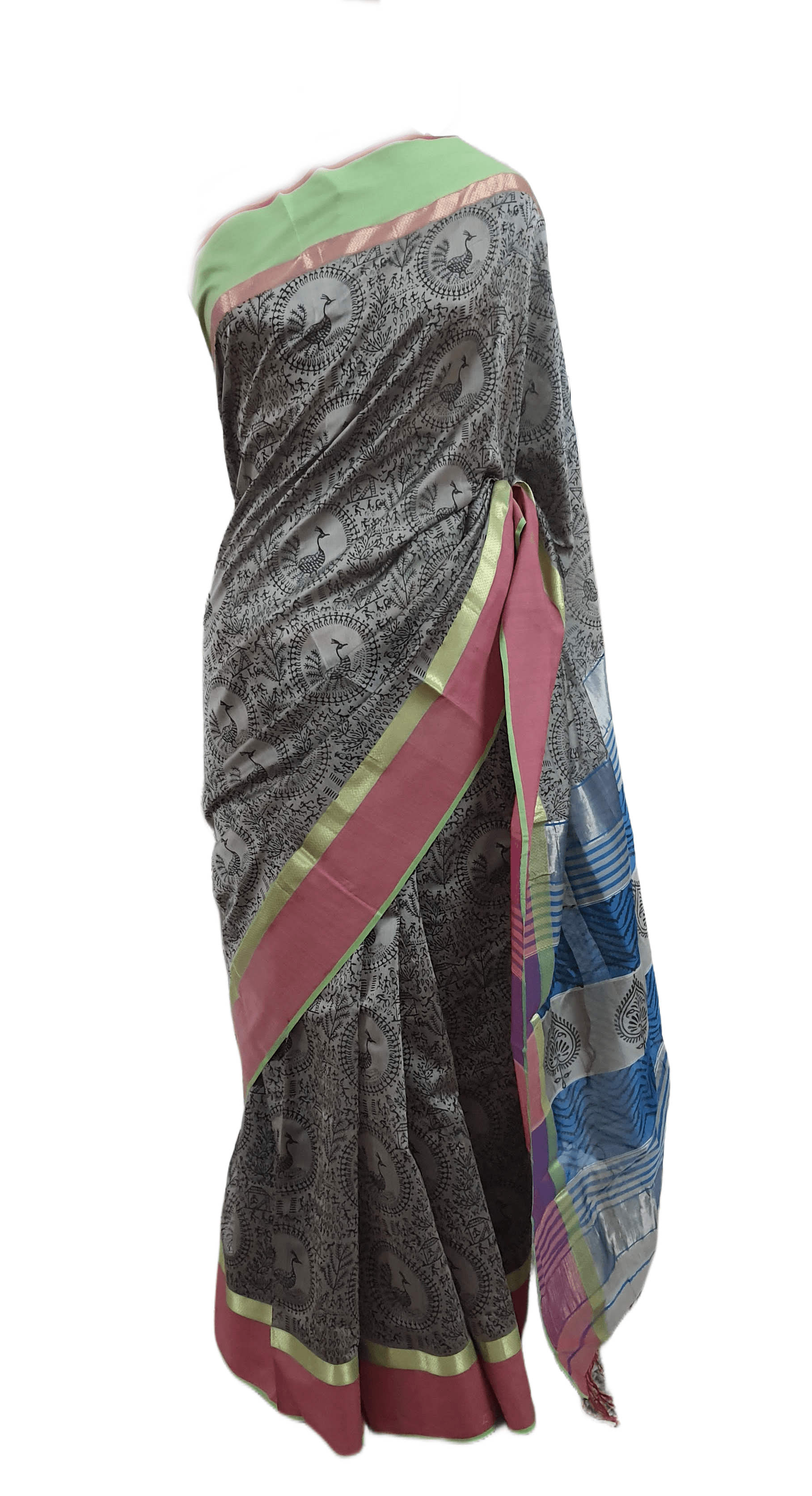 Pure Maheshwari Block Printed Cotton Silk Grey Saree