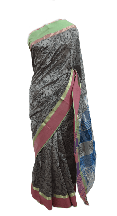 Pure Maheshwari Block Printed Cotton Silk Grey Saree