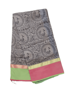 Pure Maheshwari Block Printed Cotton Silk Grey Saree