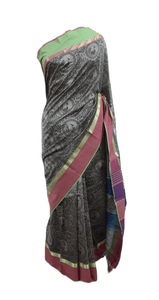 Pure Maheshwari Block Printed Cotton Silk Grey Saree