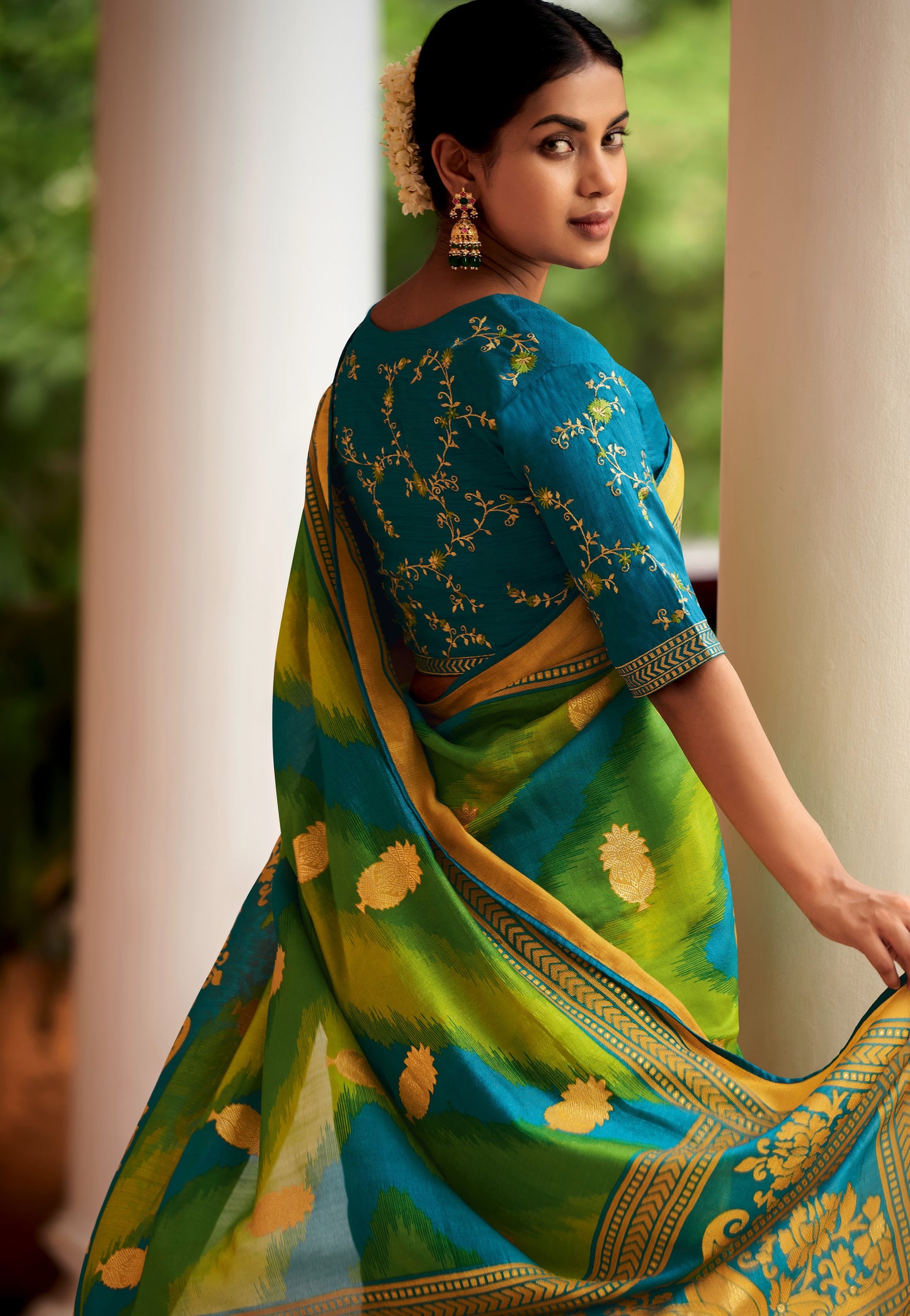 Designer Turquoise Brasso Silk Printed Saree with Exclusive Embroidered Blouse M48