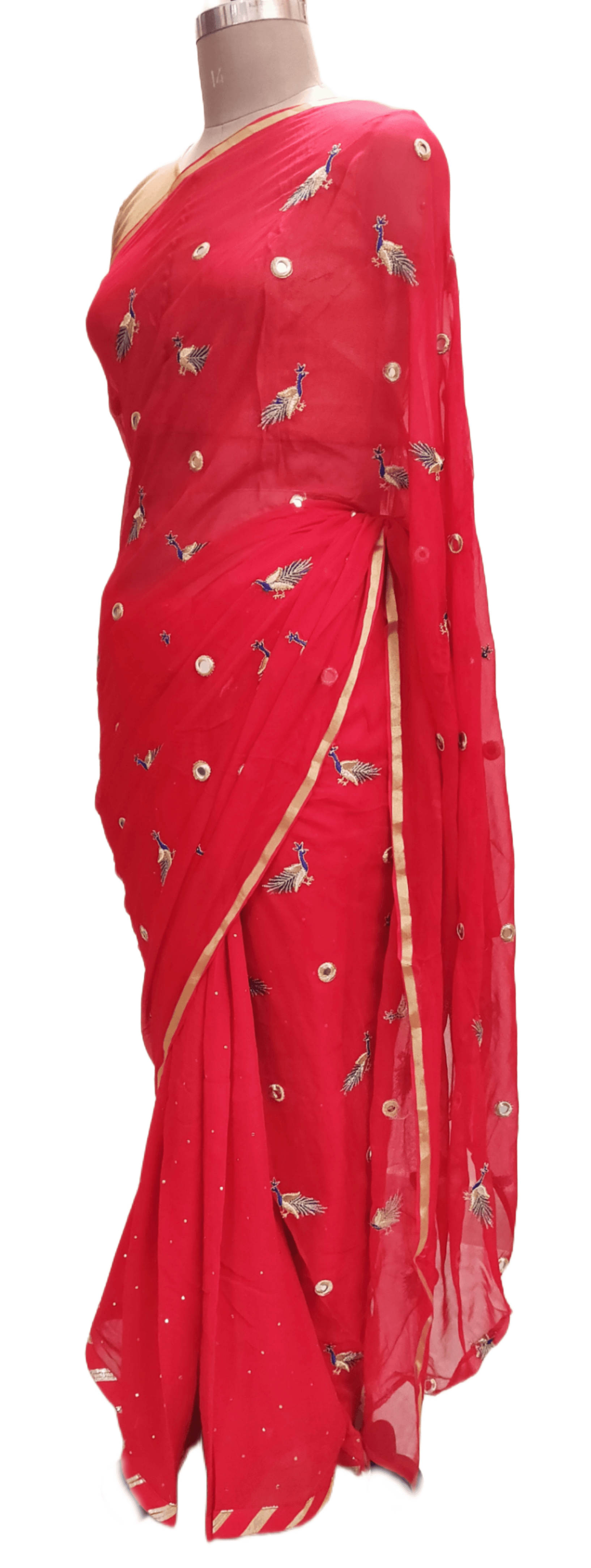 Designer Red Chiffon Georgette Peacock Motif Saree SP07 - Ethnic's By Anvi Creations
