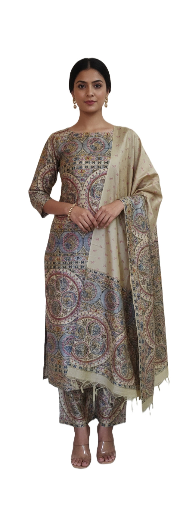Deep Beige Madhubani Print Art Silk Suit MD26
