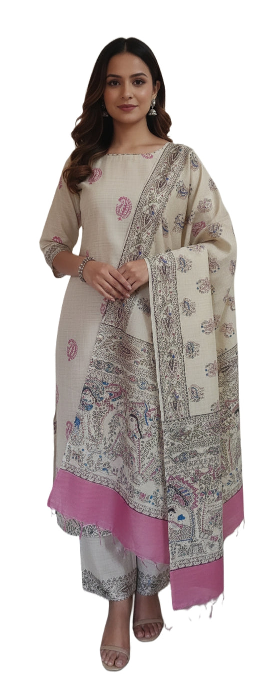 Off White Madhubani Print Cotton Suit MD12
