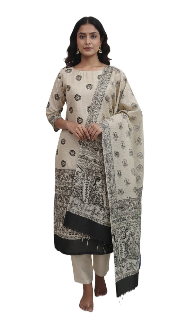 Off White Madhubani Print Cotton Suit MD19