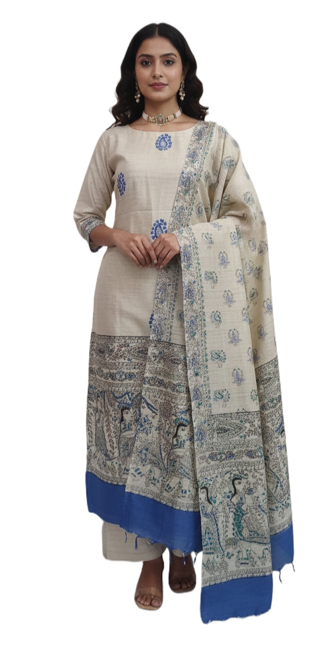 Off White Madhubani Print Cotton Suit MD18