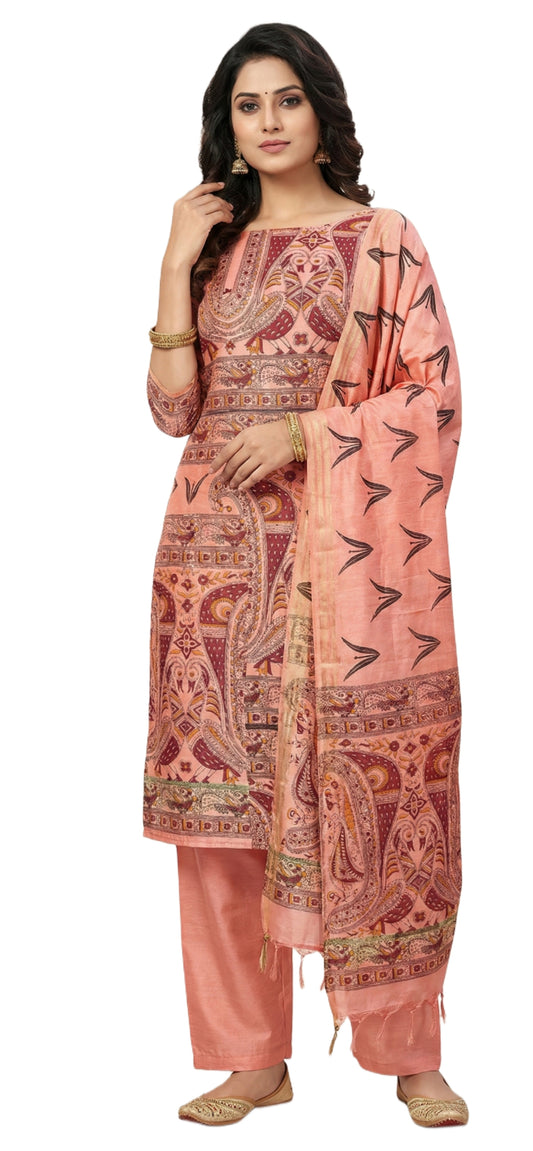 Peachy Pink Madhubani Print Art Silk Suit MD16