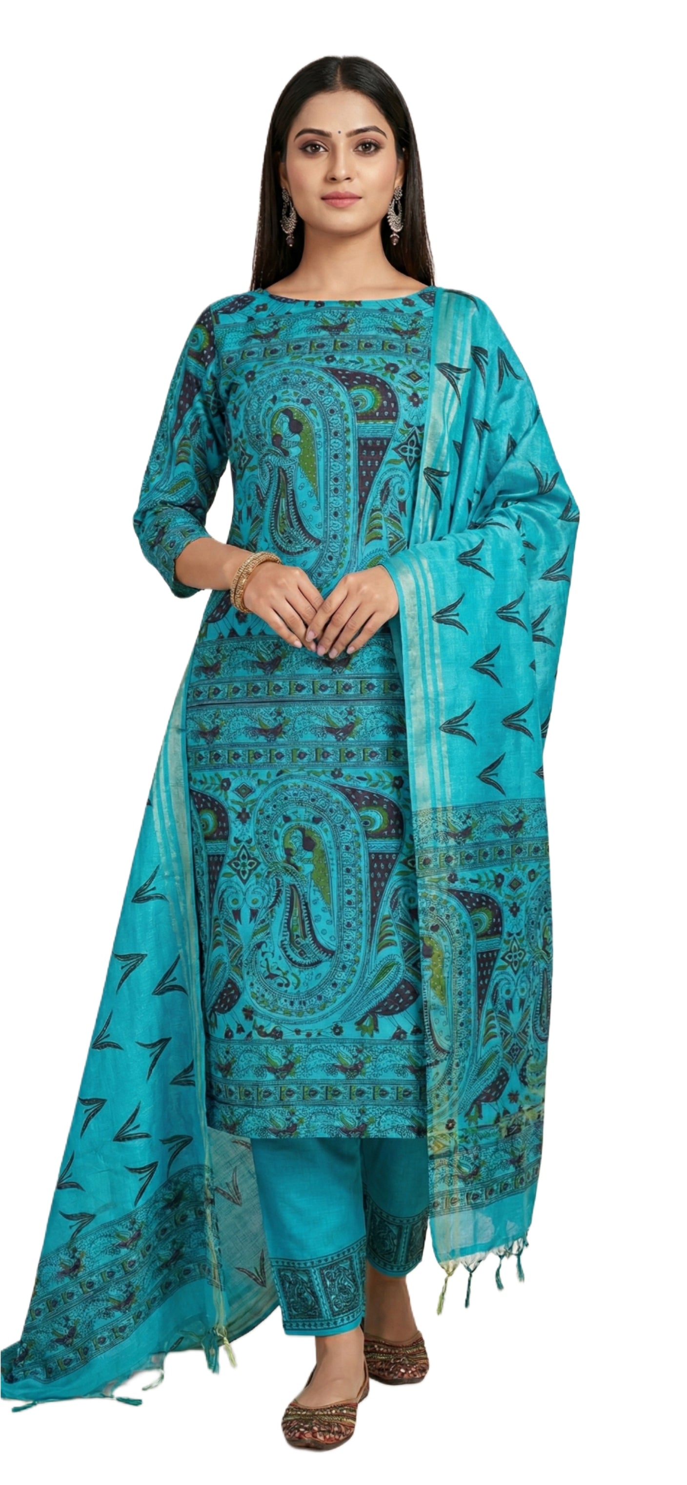 Firozi Blue Madhubani Print Art Silk Suit MD14
