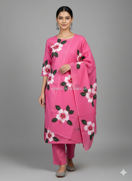 Pink Cotton Hand Block Printed Suit Unstitched Dress Material