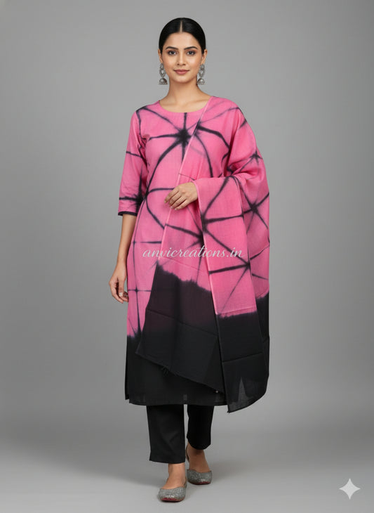 Pink Black Shibori Cotton Hand Block Printed Suit Unstitched Dress Material