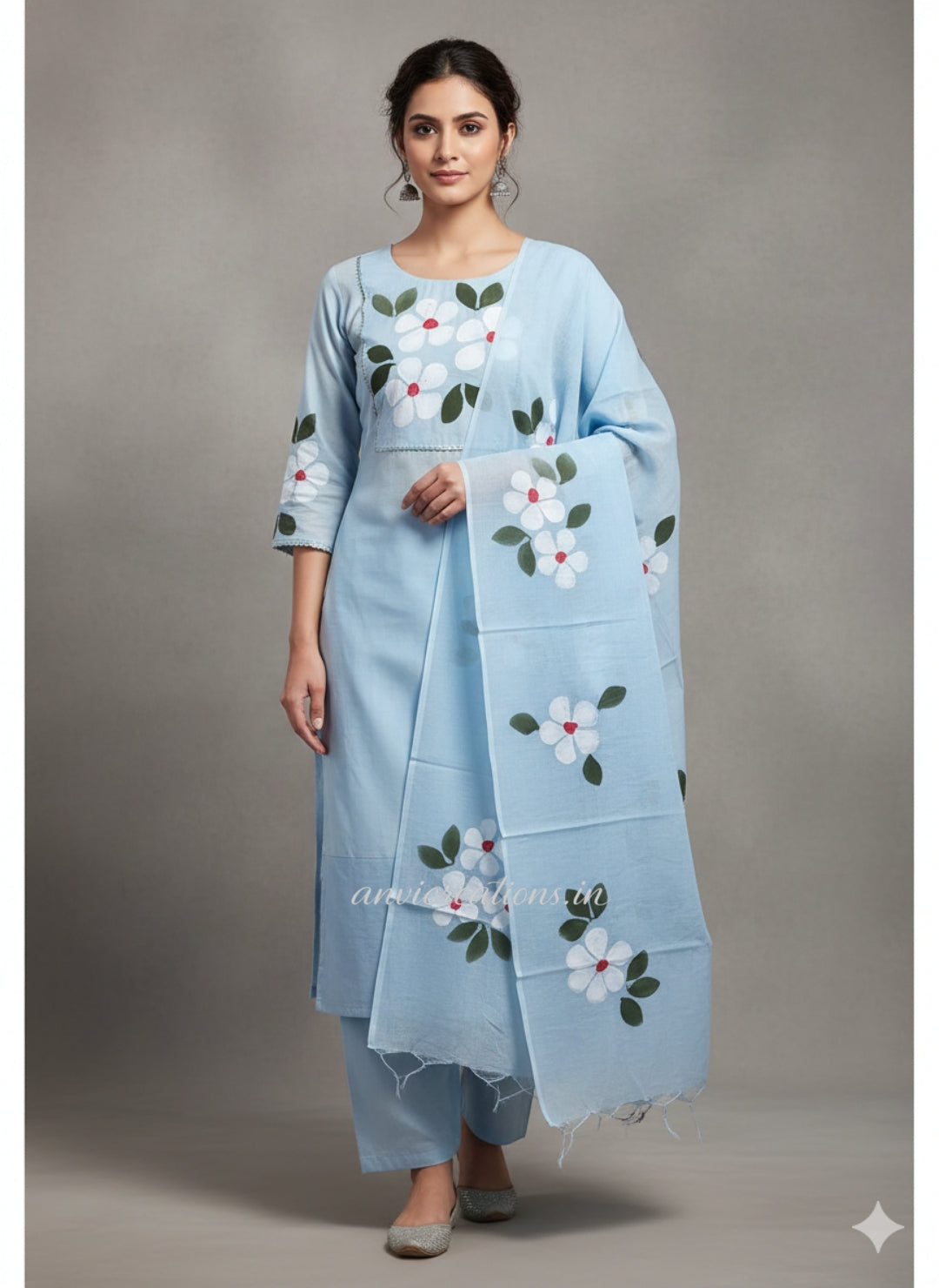 Sky blue Cotton Hand Block Printed Suit Unstitched Dress Material