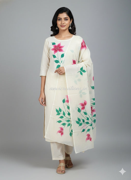 Cream Cotton Hand Block Printed Suit Unstitched Dress Material