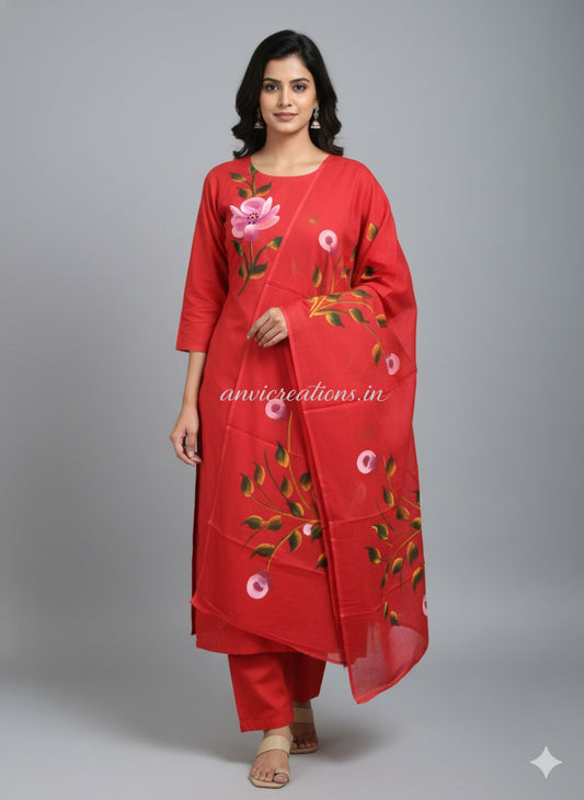 Red Cotton Hand Block Printed Suit Unstitched Dress Material
