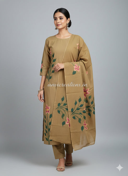 Fawn Cotton Hand Block Printed Suit Unstitched Dress Material