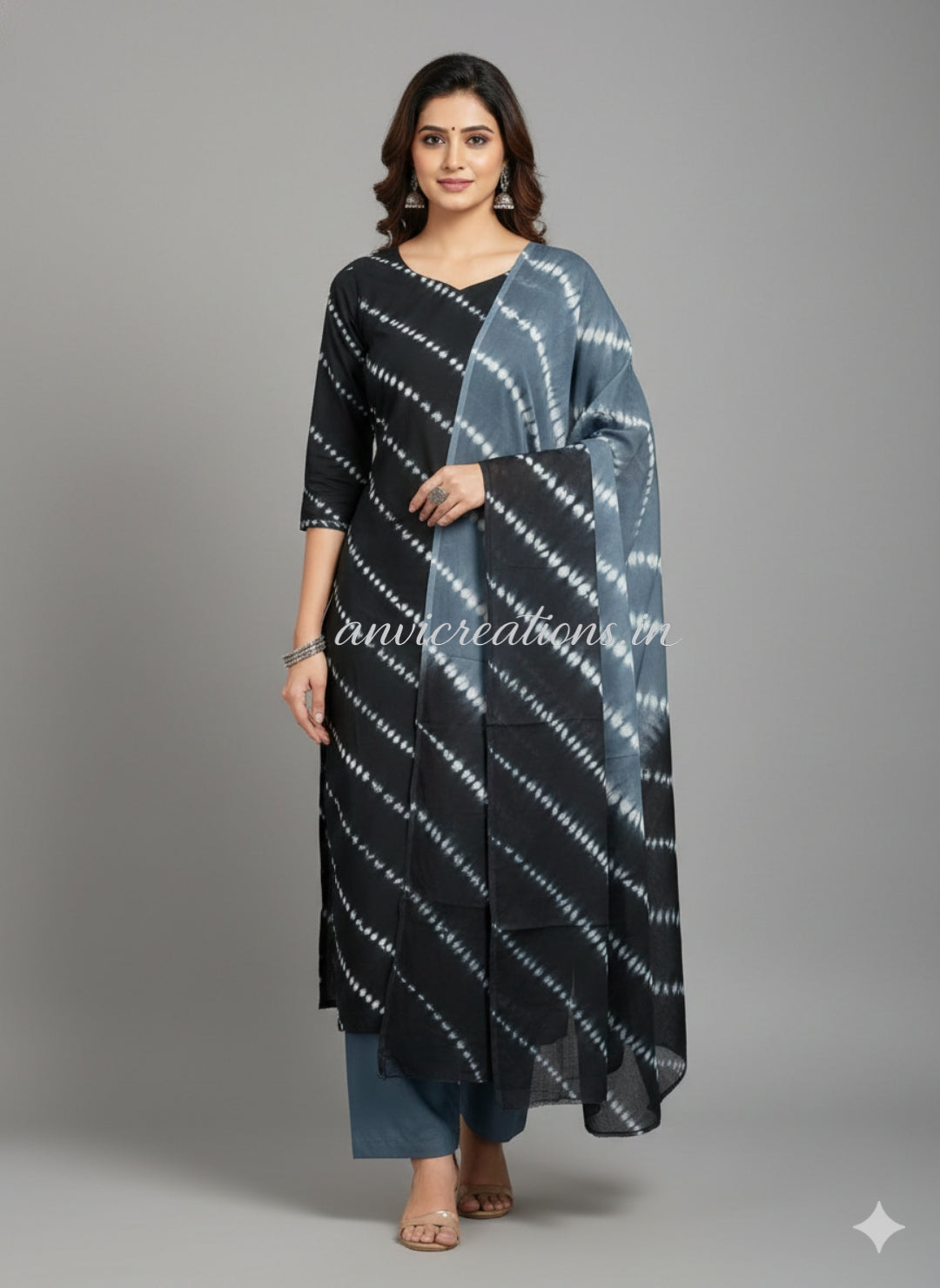 Black Shibori Cotton Hand Block Printed Suit Unstitched Dress Material