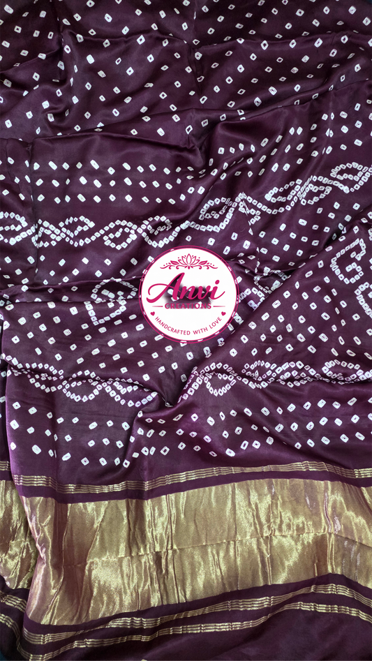 Wine Jaipuri Handcrafted Modal Gajji Bandhani Saree with Lagdi Patta Authentic Bandhej BANL01