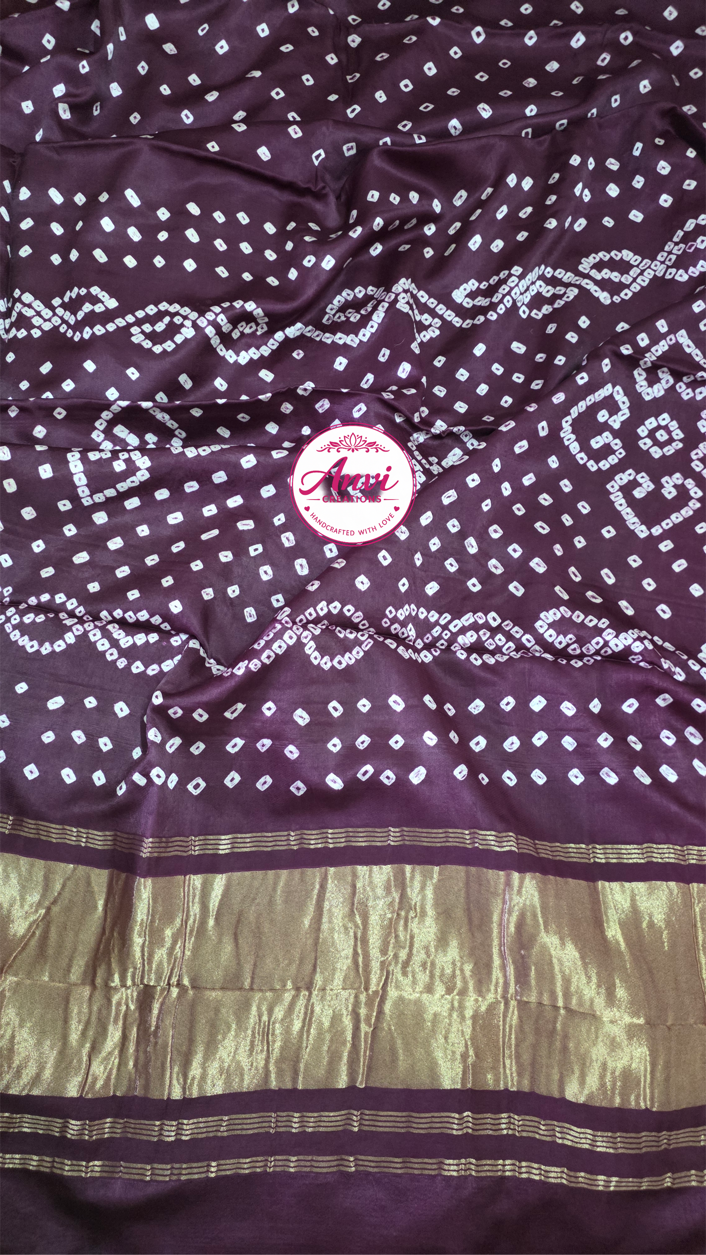 Wine Jaipuri Handcrafted Modal Gajji Bandhani Saree with Lagdi Patta Authentic Bandhej BANL01