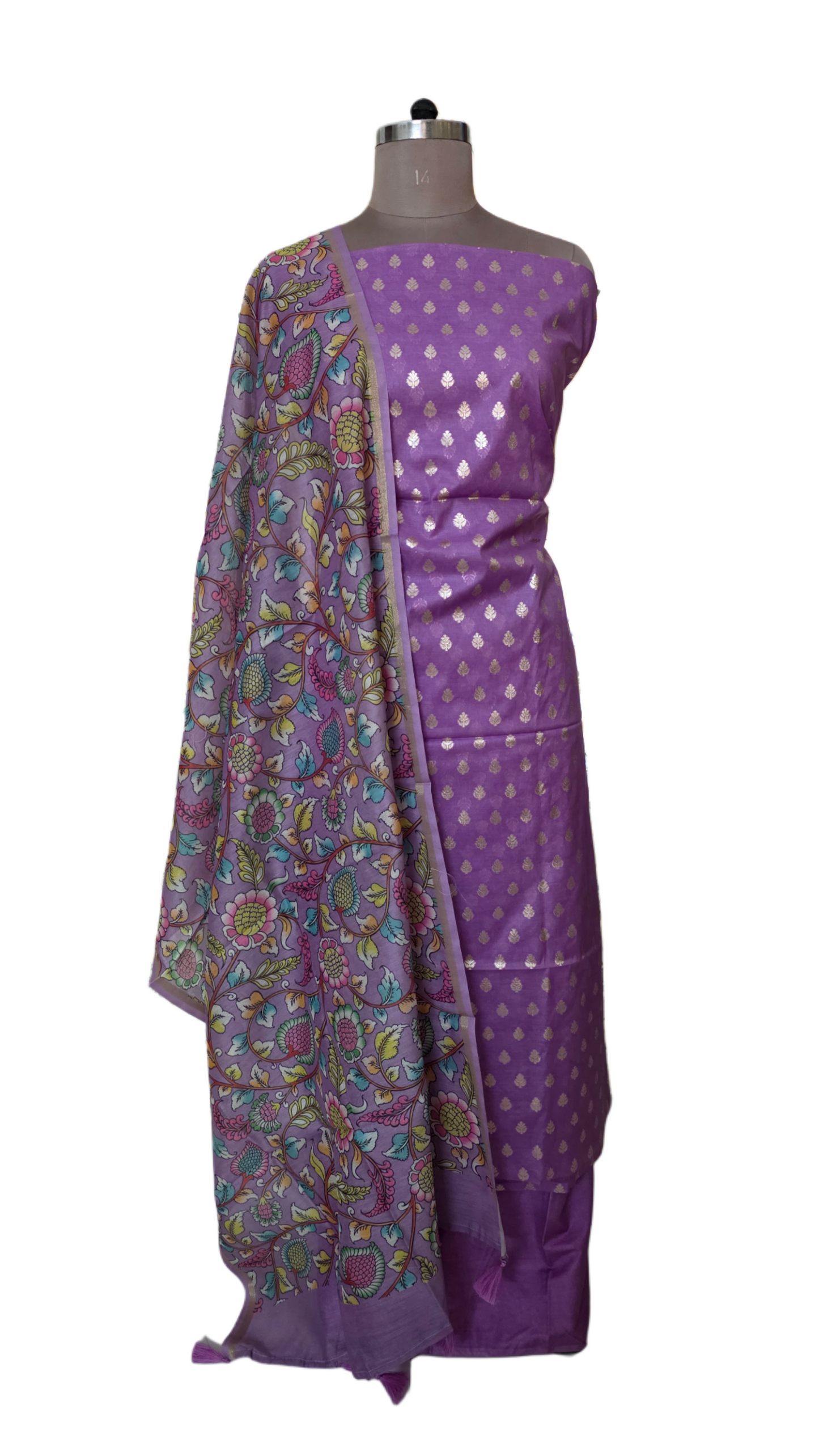 Banarasi Chiniya Silk Lavender three Piece Dress Material Suit Set with kalamkari Dupatta
