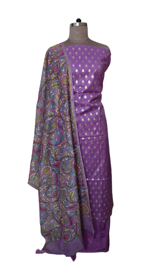 Banarasi Chiniya Silk Lavender three Piece Dress Material Suit Set with kalamkari Dupatta