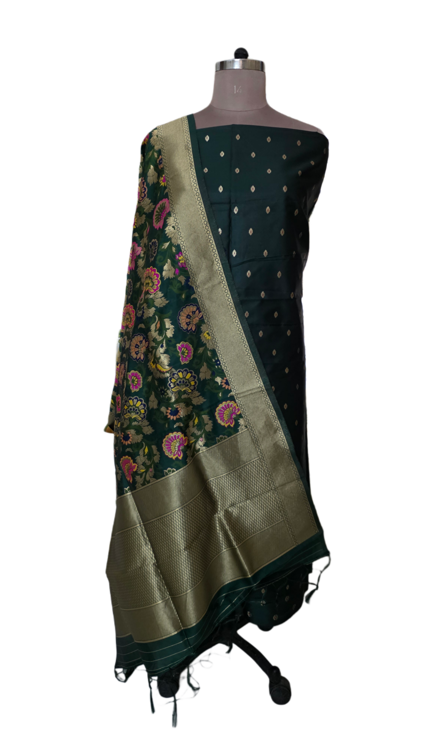 Banarasi Katan Silk Bottle Green three Piece Dress Material Suit Set with Weaving Dupatta